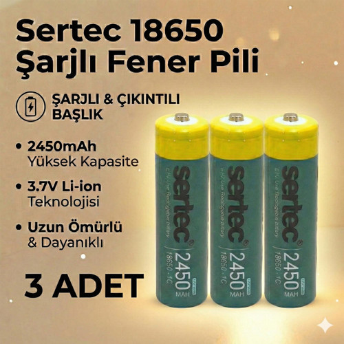 18650 1C Şarjlı Pil 2450mAh Çıkıntılı Başlıklı Fener Pili 3.7V Li-ion 3lü
