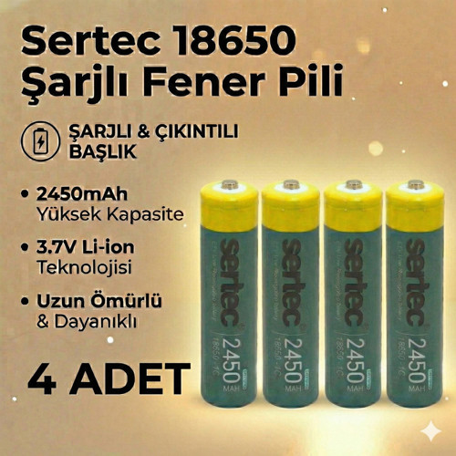 18650 1C Şarjlı Pil 2450mAh Çıkıntılı Başlıklı Fener Pili 3.7V Li-ion 4lü