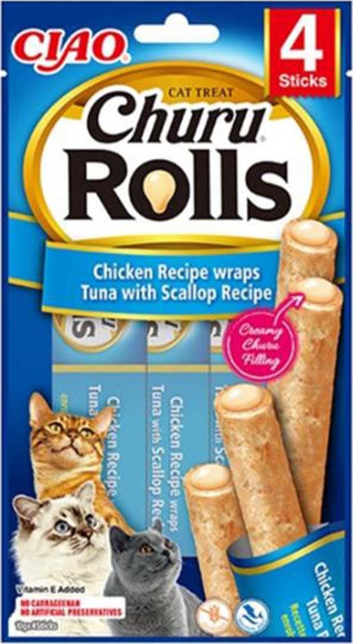 Churu Rolls Deniz Taraklı Tavuk Sargılı ve Ton Balıklı Kedi Ödül Maması 4x10 Gr