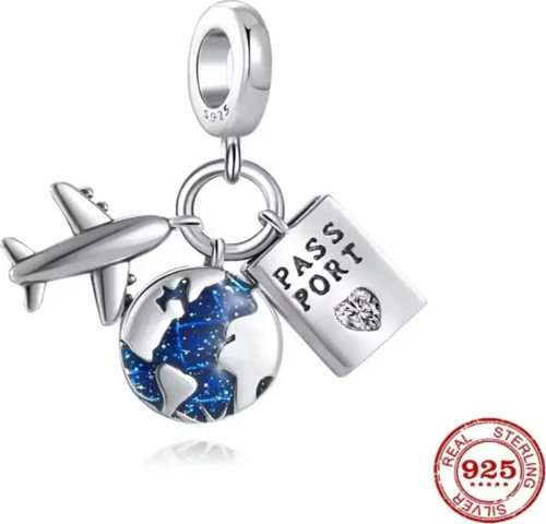 Üçlü Sallantılı Dünya,Uçak Ve Pasaport Temalı Gümüş Charm
