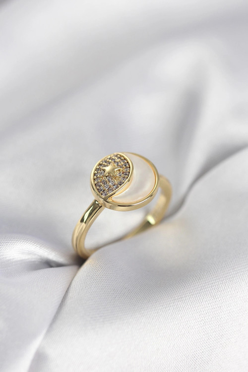 Ay Yıldız Model Gold Renk Zirkon Taşlı Kadın Yüzük