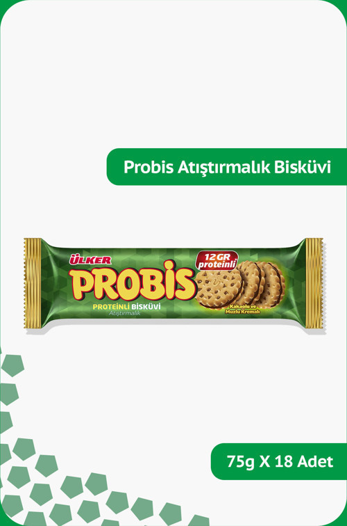 PROBİS Proteinli Bisküvi - Kakaolu ve Muzlu Kremalı - 75 gram - 18 Adet