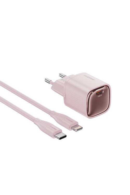 GaN 20W USB-C hızlı şarj cihazı ve kablo set pembe PD (USB-C - Lightning) TCS20WPI