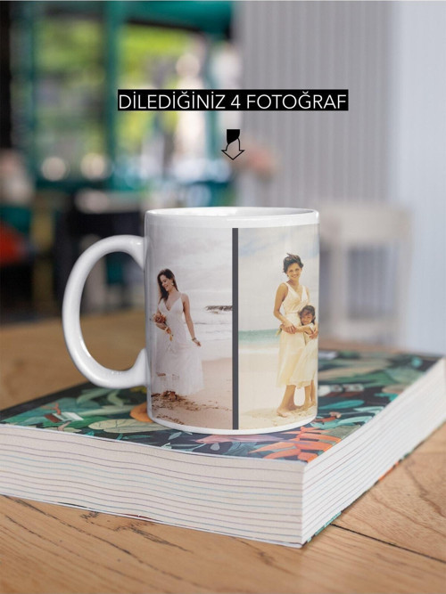 Kişiye Özel Dört Fotoğraflı Tasarım Resimli Kupa Bardak Porselen Seramik Kupa Baskılı Kupa