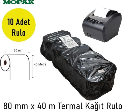 Mopak 80x40 Termal Rulo Adisyon Yazarkasa Pos Fiş Bilgi 80*40 Yemek Fişi Termal Rulosu 1paket 10rulo