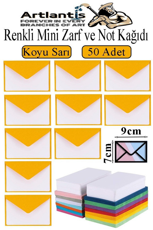 Koyu Sarı Mini Zarf 7x9 cm Not Kağıtlı 50 Adet Küçük Koyu Sarı Zarf Mektup Oyun Zarfı Doğum Günü Dilekleri Zarfı Canlı
