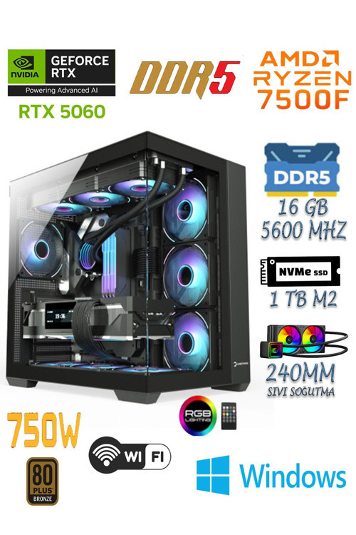 PRİME 75X Ryzen 5 7500F | 16GB DDR5 RAM | 1TB NVME SSD | RTX5060 Sıvı Soğutmalı Masaüstü Oyuncu Bilgisayarı