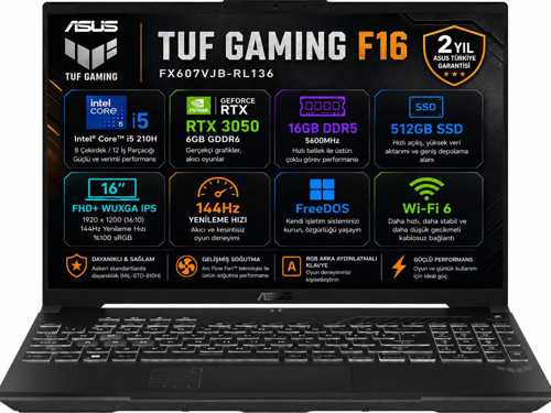 TUF F16 FX607VJB-RL136-Gaming Intel Core 5 210H 16GB 512GB SSD RTX 3050 6GB 16" FHD+ WUXGA IPS Fdos
