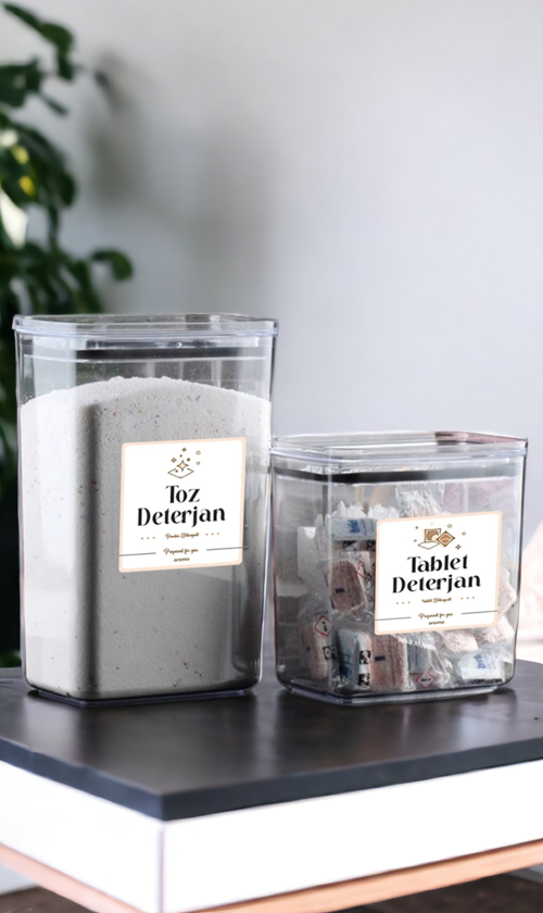 2'li Etiketli Vakum Kapaklı Kristal Saklama Kabı Kavanoz Seti 2.2 Lt - 3 Lt | Tablet Deterjan Toz De