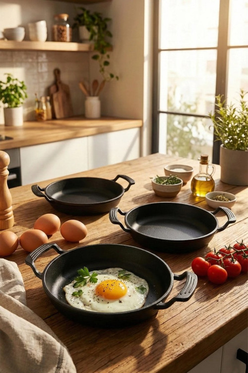 3 Lü Granit Döküm Sahan Seti 18+20+22 Cm