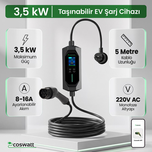 Taşınabilir Şarj Cihazı 3.5 kW / 16A / Tip-2 / Ev Tipi Schuko Fiş / 5m Kablolu / 220V AC / Taşıma Çantası Hediyeli