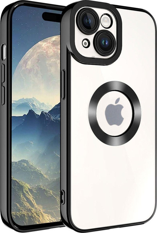 Apple iPhone 15 Plus Kapak Yanları Renkli Lens Korumalı Logo Gösteren Luxury Silikon Kılıf - Siyah