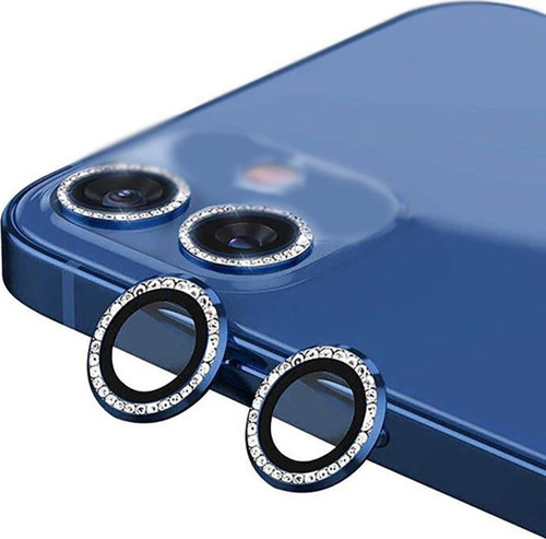 Iphone 12 Mini Taşlı Tasarım Temperli Cam Kamera Koruyucu - Mavi