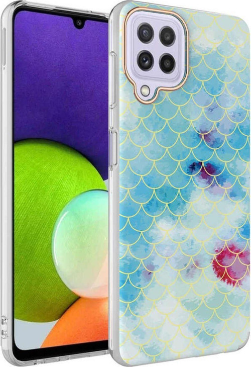 Samsung Galaxy A22 4g Kapak Palık Pullu Desenli Parlak Silikon Kılıf - Mavi