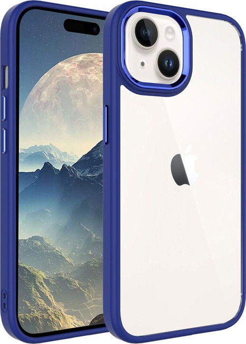 Apple iPhone 15 Kapak Metal Kamera Korumalı Arkası Şeffaf Silikon Kılıf - Lacivert