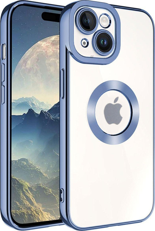 Apple iPhone 15 Kapak Yanları Renkli Lens Korumalı Logo Gösteren Şeffaf Luxury Silikon Kılıf - Mavi
