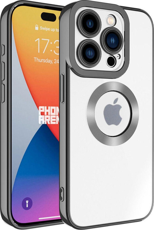 iPhone 15 Pro Yanları Renkli Lens Korumalı Logo Gösteren Luxury Silikon Kılıf - Koyu Gri