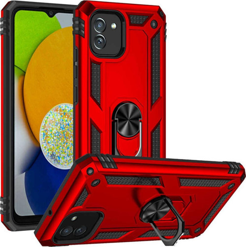 Samsung Galaxy A03 Kapak Military Yüzüklü Stantlı Panzer Tank Kılıf - Kırmızı