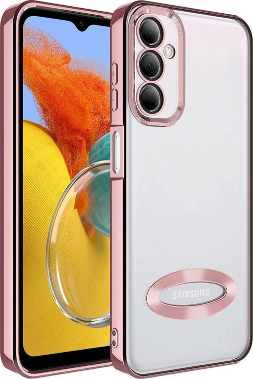 Samsung Galaxy M14 Yanları Renkli Lens Korumalı Logo Gösteren Luxury Silikon Kılıf - Rose Gold