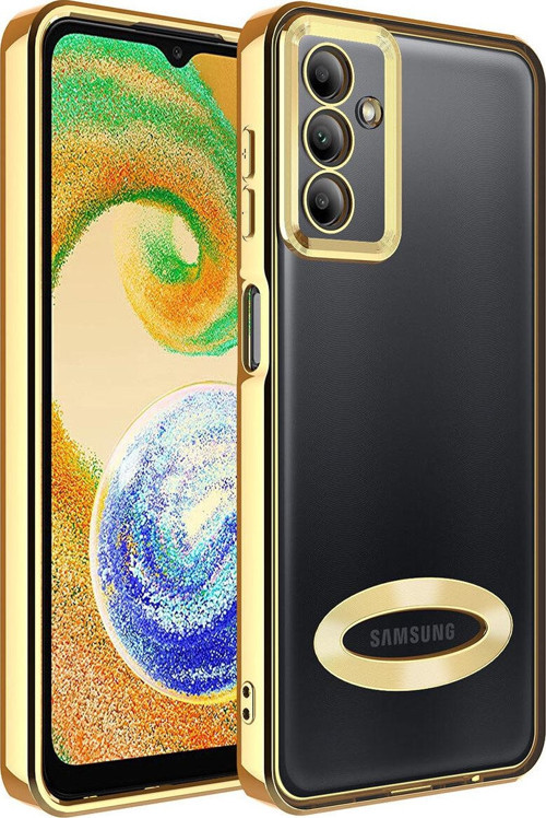 Samsung Galaxy A14 Yanları Renkli Lens Korumalı Logo Gösteren Şeffaf Luxury Silikon Kılıf - Gold