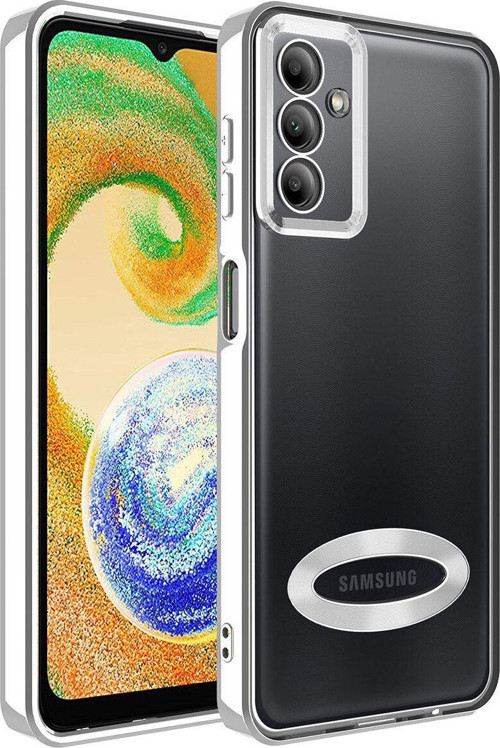 Samsung Galaxy A14 Yanları Renkli Lens Korumalı Logo Gösteren Şeffaf Luxury Silikon Kılıf - Gri