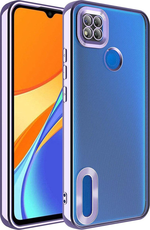Xiaomi Redmi 9C Yanları Renkli Lens Korumalı Logo Gösteren Şeffaf Luxury Silikon Kılıf - Lila