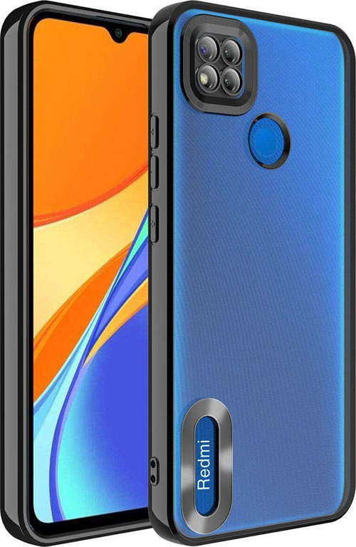 Xiaomi Redmi 9C Yanları Renkli Lens Korumalı Logo Gösteren Şeffaf Luxury Silikon Kılıf - Siyah