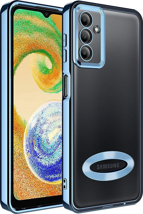 Samsung Galaxy A24 Yanları Renkli Lens Korumalı Logo Gösteren Şeffaf Luxury Silikon Kılıf - Mavi