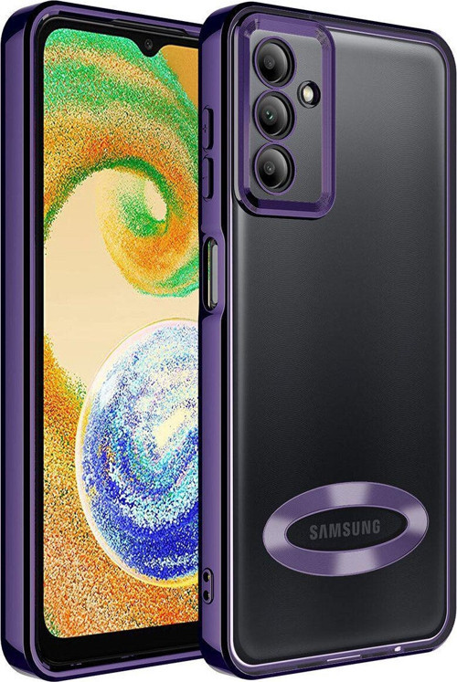 Samsung Galaxy A24 Yanları Renkli Lens Korumalı Logo Gösteren Şeffaf Luxury Silikon Kılıf - Mor