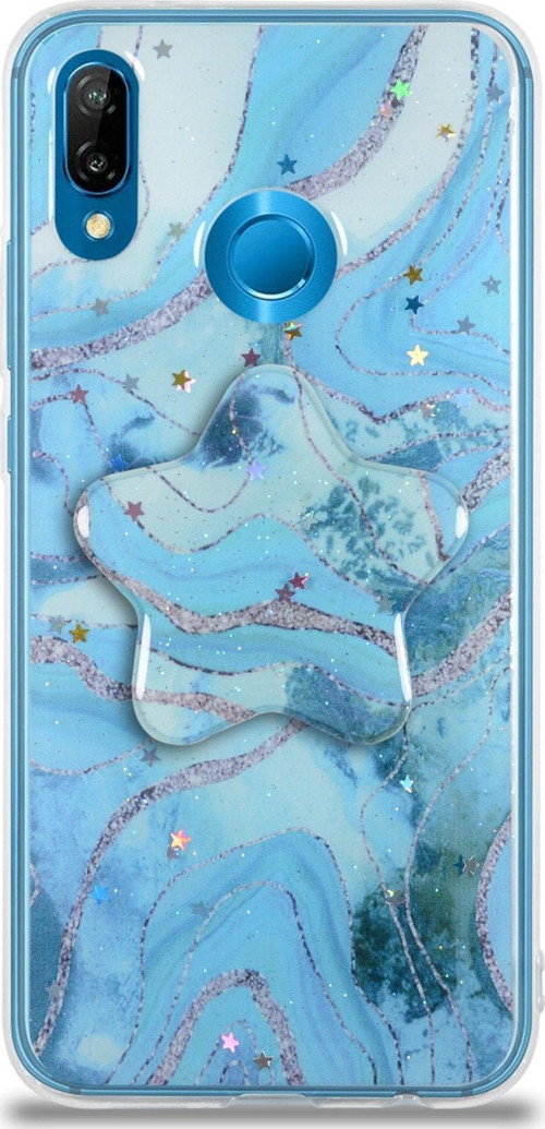 Huawei P20 Lite Kapak Mermer Desenli Pop Socketli Silikon Kılıf - Mavi