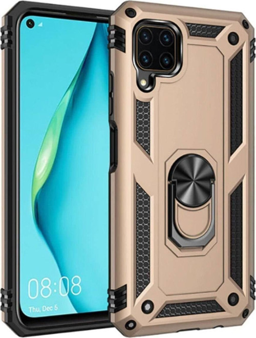 Huawei P40 Lite Kapak Yüzüklü Stantlı Panzer Tank Kılıf - Gold