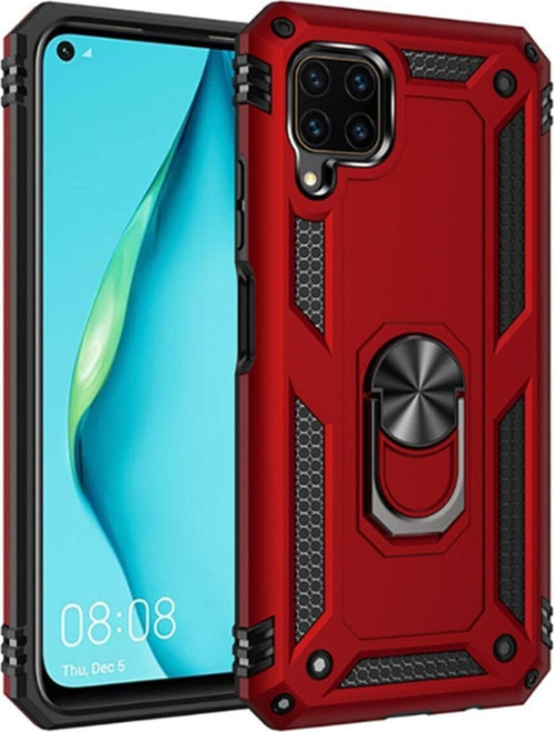 Huawei P40 Lite Kapak Yüzüklü Stantlı Panzer Tank Kılıf - Kırmızı
