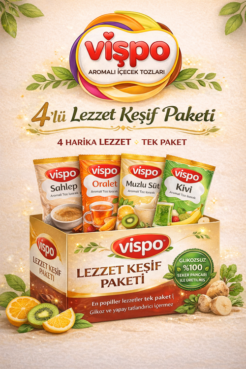 Vişpo 4’lü Lezzet Keşif Paketi – Sahlep, Oralet, Muzlu Süt, Kivi – 250gr x 4 Adet