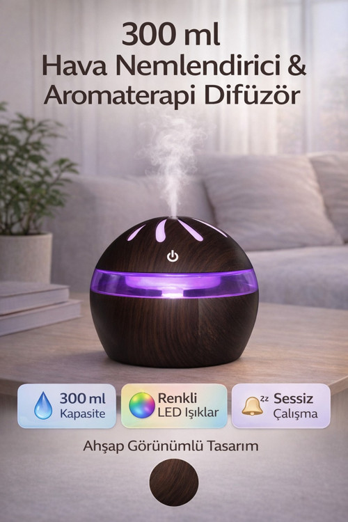 300 Ml Ahşap Tasarımlı Ultrasonik Hava Nemlendirici Aromaterapi Difüzör Rgb Işıklı Sessiz