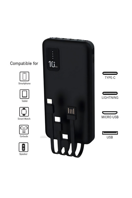 10.000 Mah Plus Dijital Göstergeli Dahili Çoklu Kablolu Powerbank,Siyah,Taşınabilir Şarj Cihazı Lcd