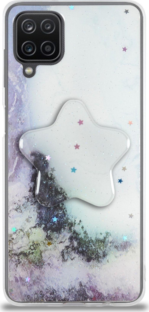 Samsung Galaxy A12 Kapak Mermer Desenli Pop Socketli Silikon Kılıf - Beyaz