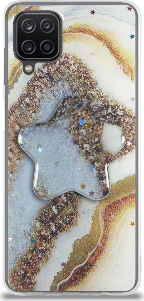 Samsung Galaxy A12 Kapak Mermer Desenli Pop Socketli Silikon Kılıf - Gold