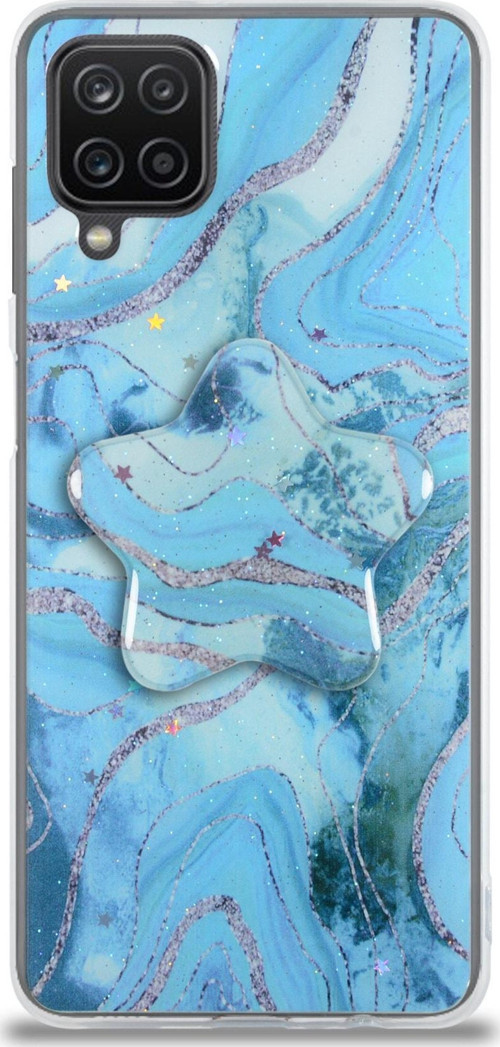 Samsung Galaxy A12 Kapak Mermer Desenli Pop Socketli Silikon Kılıf - Mavi