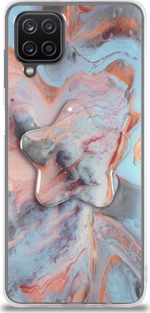 Samsung Galaxy A12 Kapak Mermer Desenli Pop Socketli Silikon Kılıf - Mercan
