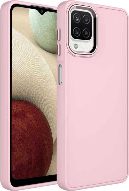 Samsung Galaxy A12 Kapak Renkli Metal Kamera Çerçeveli Class Içi Kadife Lasnman Kılıf - Pembe