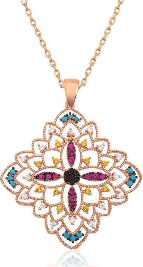 925 Ayar Gümüş Rose Etnik Desenli Madalyon Kolye