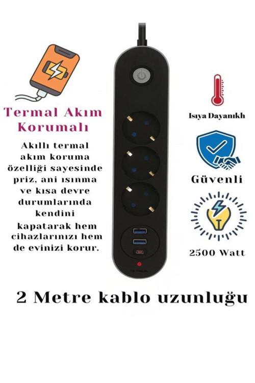 Termal Akım Korumalı 3Lü Priz 2-Usb 1-Usbc 2Mt Kablo Aç Kapa Anahtar 2500 Watt