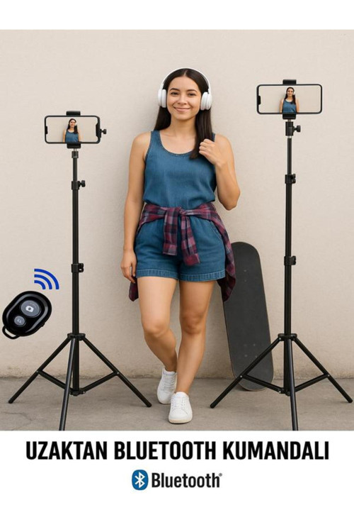 Bluetooth Kumandalı 210 Cm Tripod Telefon Tutuculu Selfie Çubuğu Telefon, Kamera Ve Lamba Tripodu