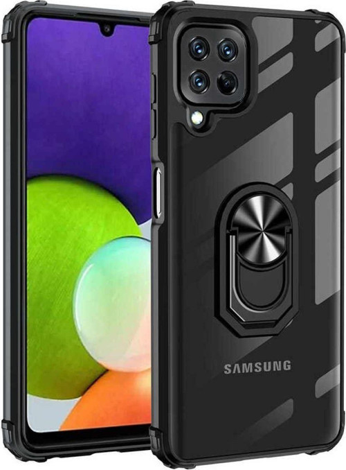 Samsung Galaxy A22 Kapak Şeffaf Yüzüklü Kenar Korumalı Standlı Kılıf - Siyah
