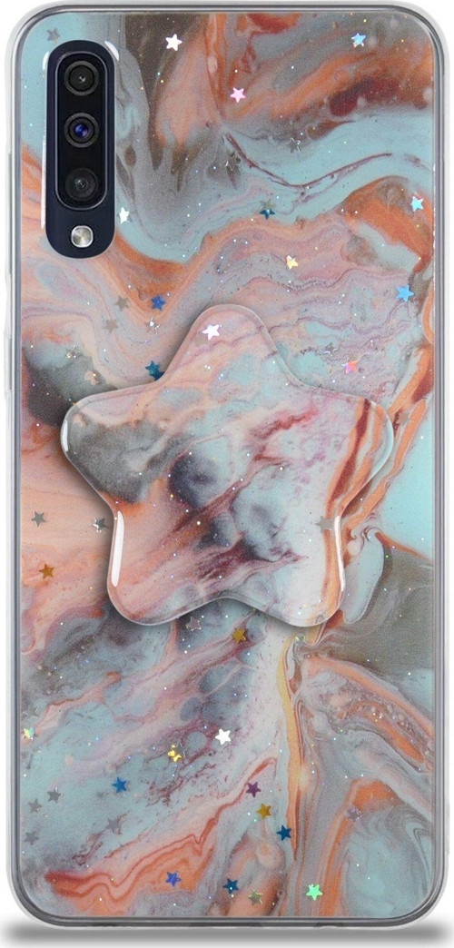 Samsung Galaxy A30s Kapak Mermer Desenli Pop Socketli Silikon Kılıf - Mercan