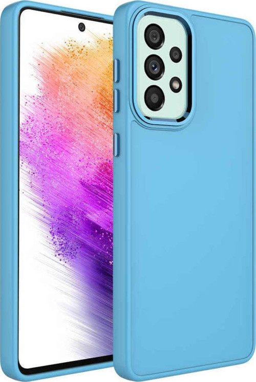 Samsung Galaxy A33 Kapak Renkli Metal Kamera Çerçeveli Class Içi Kadife Lasnman Kılıf - Mavi