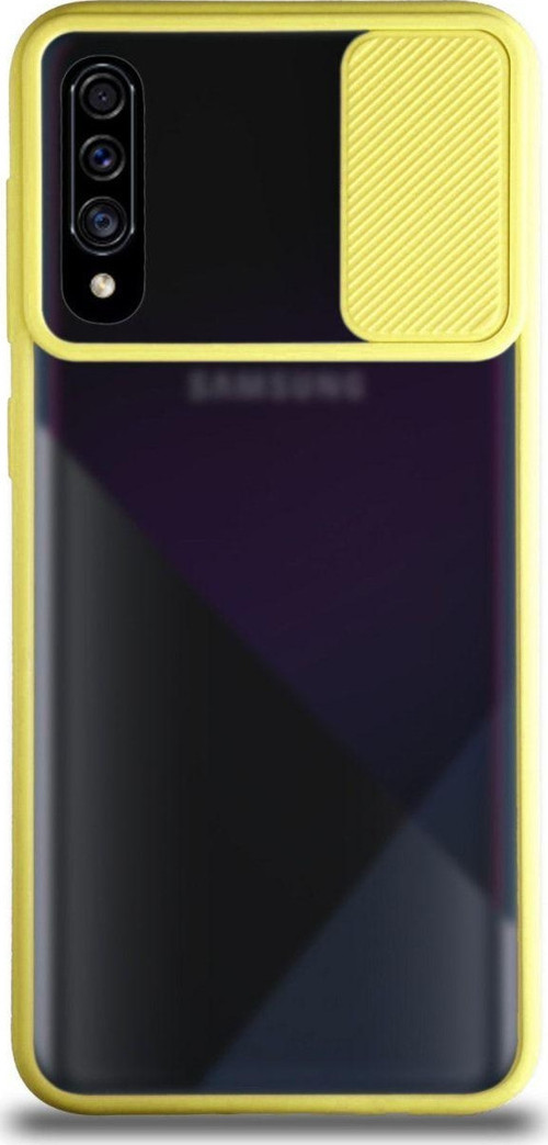 Samsung Galaxy A50s Kapak Lensi Açılır Kapanır Kamera Korumalı Silikon Kılıf - Sarı