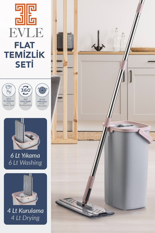 Lavine Premium Flat Mop Seti | Gri, Su Tahliyeli Kova, Paslanmaz Çelik Sap