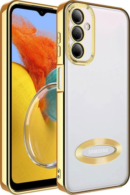 Samsung Galaxy M14 Yanları Renkli Lens Korumalı Logo Gösteren Şeffaf Luxury Silikon Kılıf - Gold