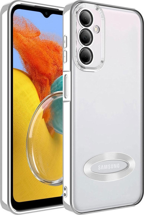 Samsung Galaxy M14 Yanları Renkli Lens Korumalı Logo Gösteren Şeffaf Luxury Silikon Kılıf - Gri
